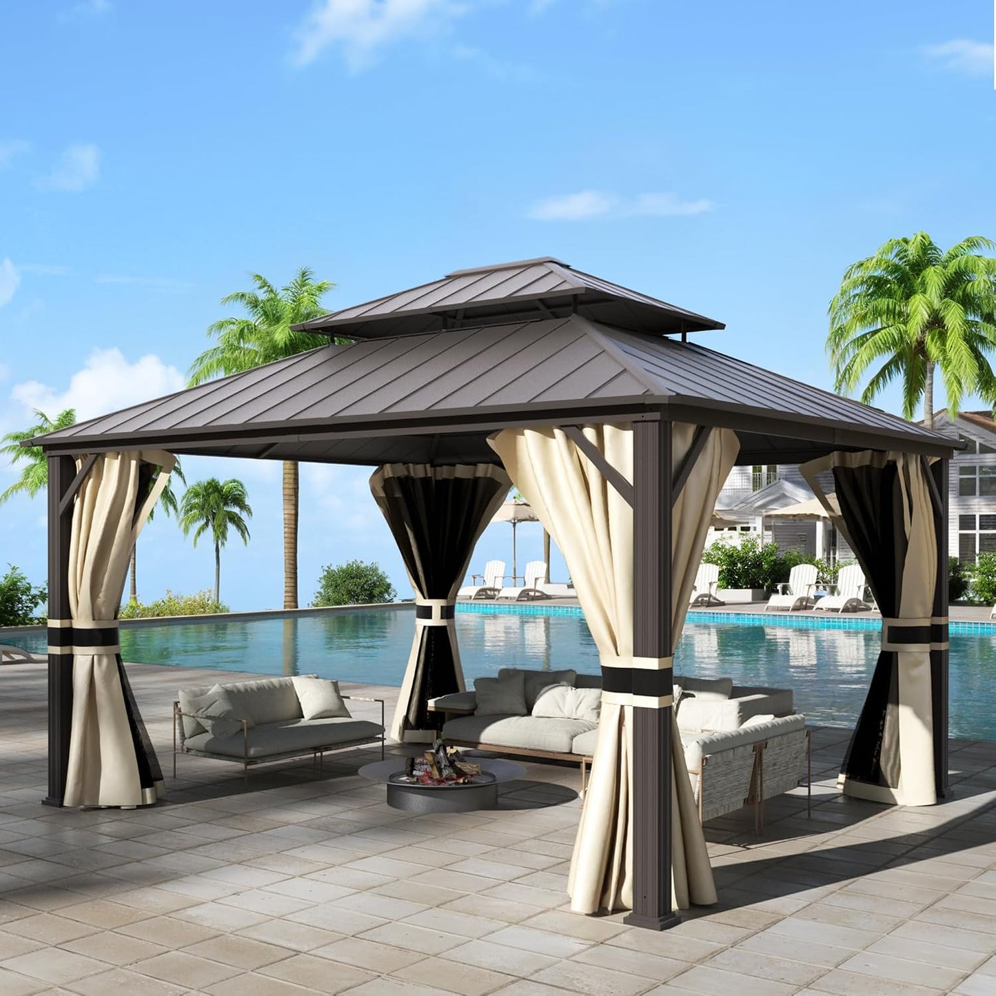 12'x16' Hardtop Gazebo, Aluminum Frame Outdoor Metal Gazebo, Beige