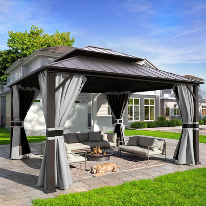 12'x16' Hardtop Gazebo, Aluminum Frame Outdoor Metal Gazebo, Beige