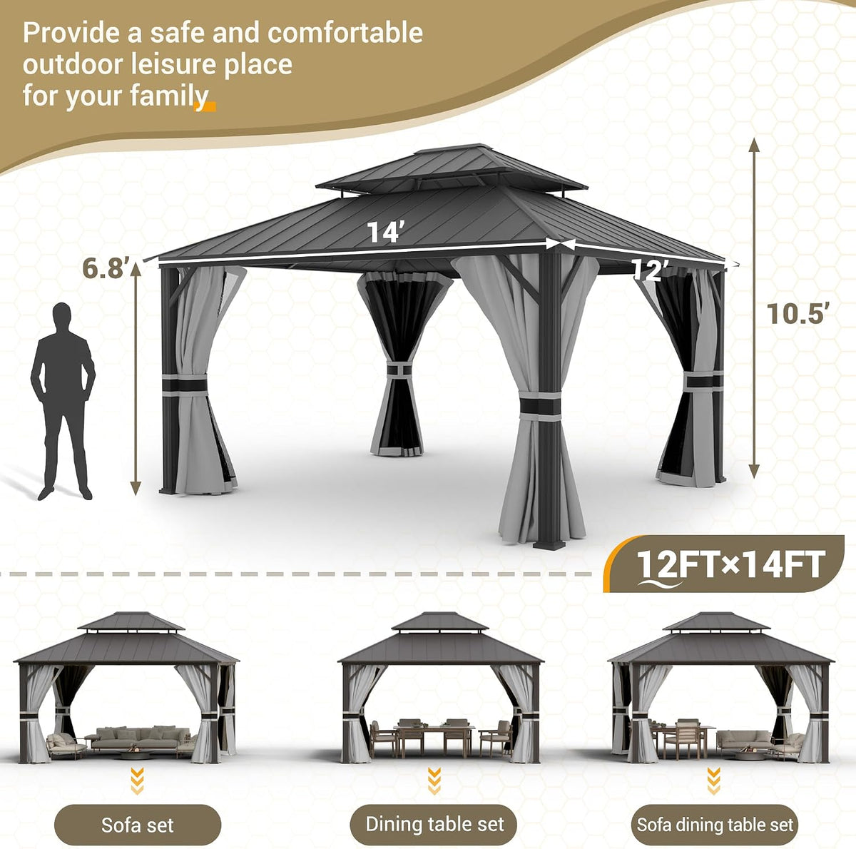 12'x16' Hardtop Gazebo, Aluminum Frame Outdoor Metal Gazebo, Beige