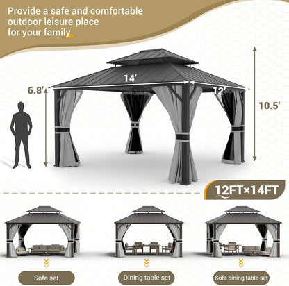 12'x16' Hardtop Gazebo, Aluminum Frame Outdoor Metal Gazebo, Beige