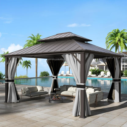 12'x16' Hardtop Gazebo, Aluminum Frame Outdoor Metal Gazebo, Beige