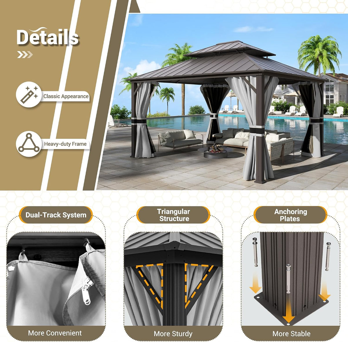 12'x16' Hardtop Gazebo, Aluminum Frame Outdoor Metal Gazebo, Beige