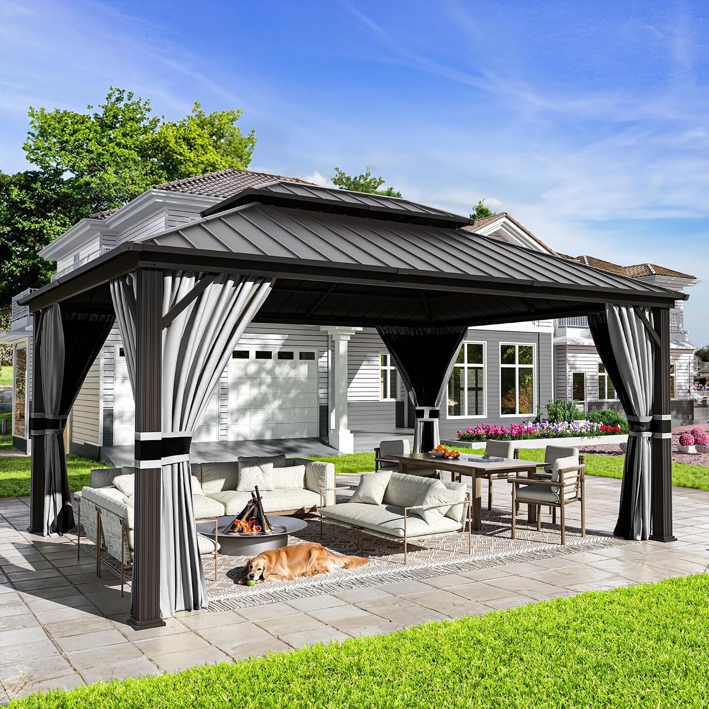 12'x16' Hardtop Gazebo, Aluminum Frame Outdoor Metal Gazebo, Beige