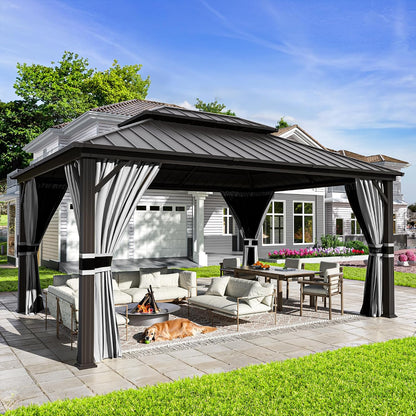 12'x16' Hardtop Gazebo, Aluminum Frame Outdoor Metal Gazebo, Beige