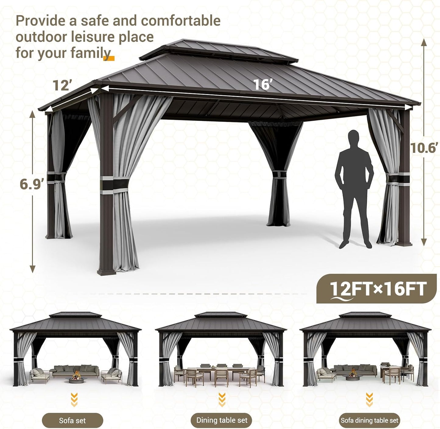 12'x16' Hardtop Gazebo, Aluminum Frame Outdoor Metal Gazebo, Beige