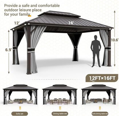 12'x16' Hardtop Gazebo, Aluminum Frame Outdoor Metal Gazebo, Beige