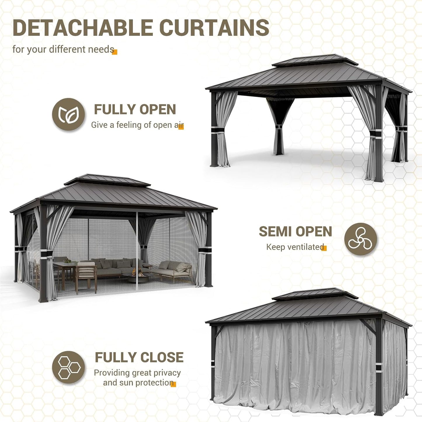 12'x16' Hardtop Gazebo, Aluminum Frame Outdoor Metal Gazebo, Beige