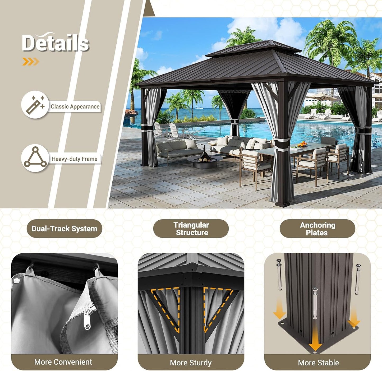 12'x16' Hardtop Gazebo, Aluminum Frame Outdoor Metal Gazebo, Beige