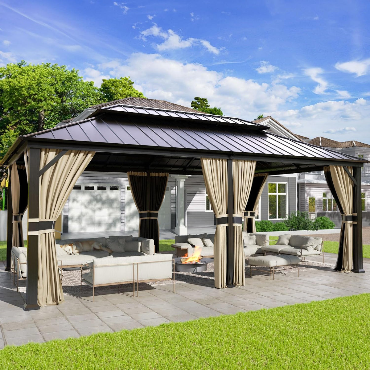 12'x16' Hardtop Gazebo, Aluminum Frame Outdoor Metal Gazebo, Beige