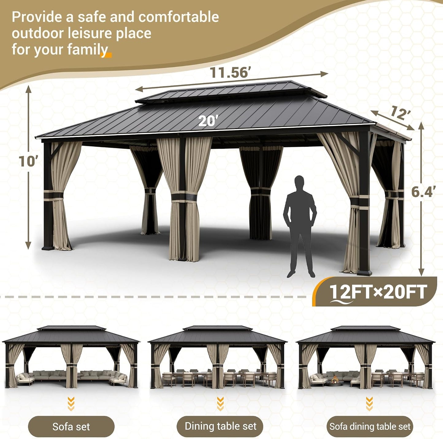 12'x16' Hardtop Gazebo, Aluminum Frame Outdoor Metal Gazebo, Beige