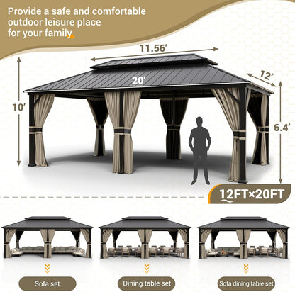 12'x16' Hardtop Gazebo, Aluminum Frame Outdoor Metal Gazebo, Beige