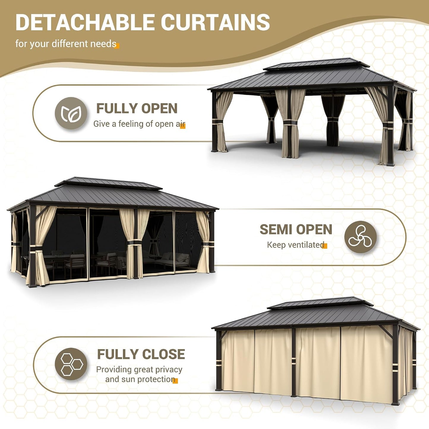 12'x16' Hardtop Gazebo, Aluminum Frame Outdoor Metal Gazebo, Beige