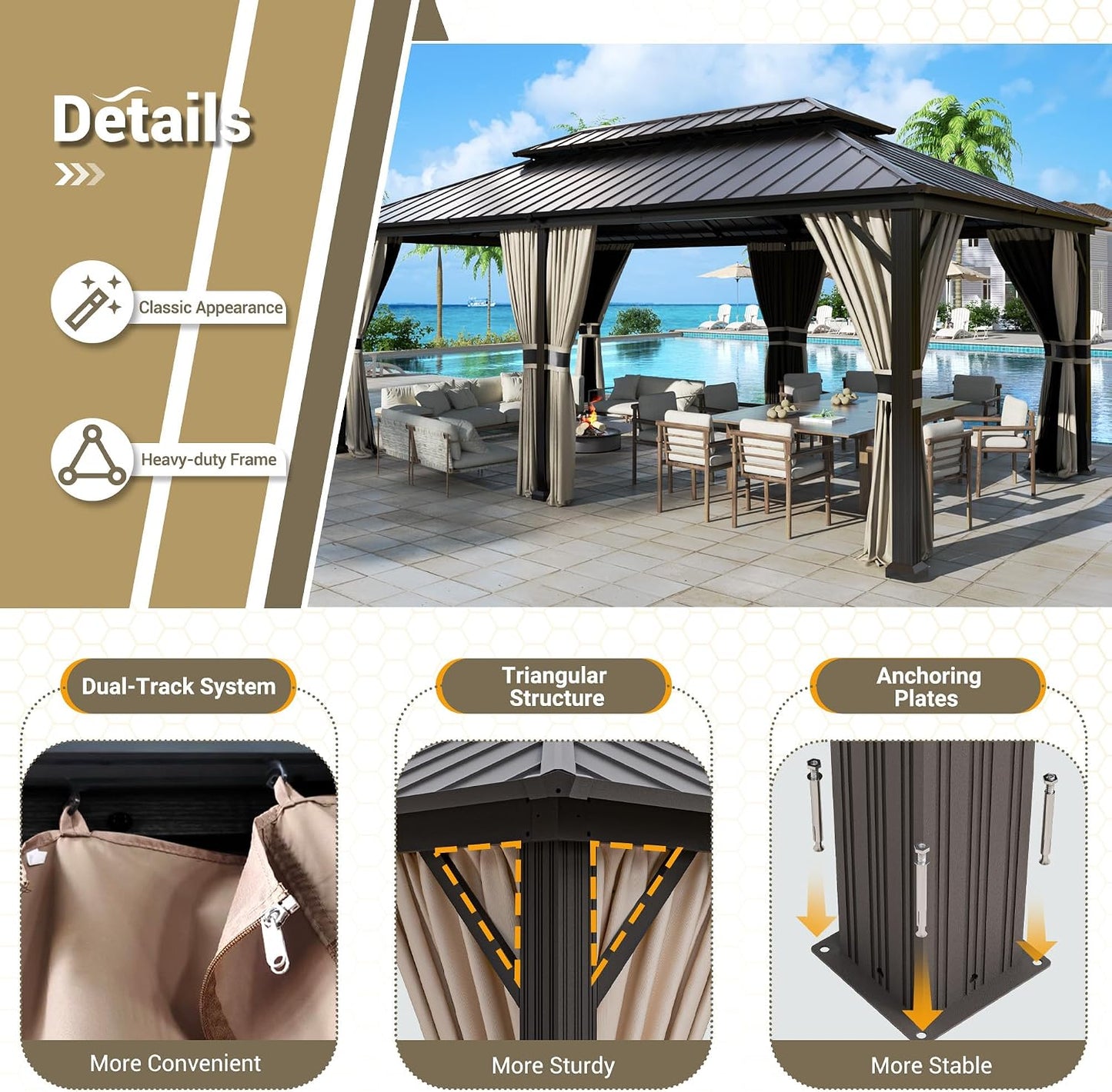 12'x16' Hardtop Gazebo, Aluminum Frame Outdoor Metal Gazebo, Beige