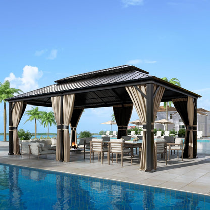 12'x16' Hardtop Gazebo, Aluminum Frame Outdoor Metal Gazebo, Beige