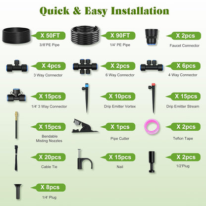 Drip Irrigation Kit for Garden, Automatic Watering System with Quick Connect Fittings, Adjustable Spray Nozzles, Water Saving Irrigation System for Yard, Greenhouse, Lawn & Potted Plants (106FT)