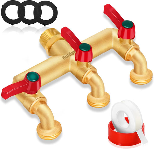 3 Way Water Hose Valve Splitter, Brass High Flow Garden Hose Faucet, 3/4 NPT Inlet to 3/4 GHT Outlet Garden Hose Manifold, Three Way Water Outdoor Splitter with Shut Off, Gold