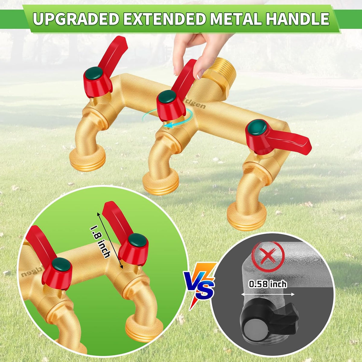 3 Way Water Hose Valve Splitter, Brass High Flow Garden Hose Faucet, 3/4 NPT Inlet to 3/4 GHT Outlet Garden Hose Manifold, Three Way Water Outdoor Splitter with Shut Off, Gold