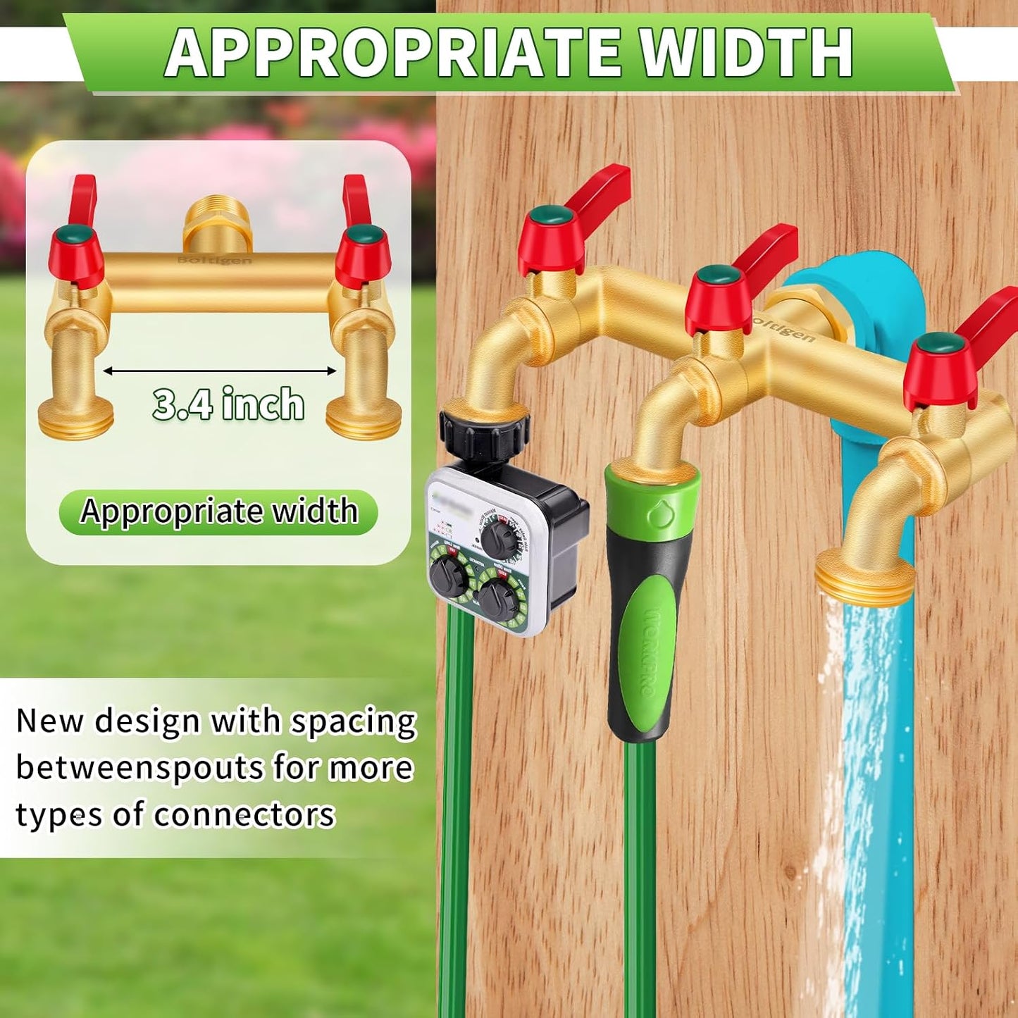 3 Way Water Hose Valve Splitter, Brass High Flow Garden Hose Faucet, 3/4 NPT Inlet to 3/4 GHT Outlet Garden Hose Manifold, Three Way Water Outdoor Splitter with Shut Off, Gold