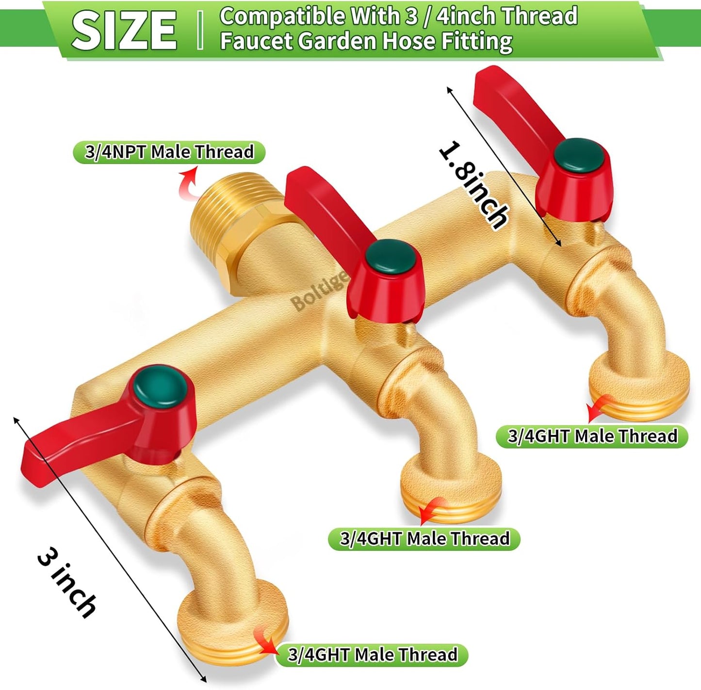 3 Way Water Hose Valve Splitter, Brass High Flow Garden Hose Faucet, 3/4 NPT Inlet to 3/4 GHT Outlet Garden Hose Manifold, Three Way Water Outdoor Splitter with Shut Off, Gold