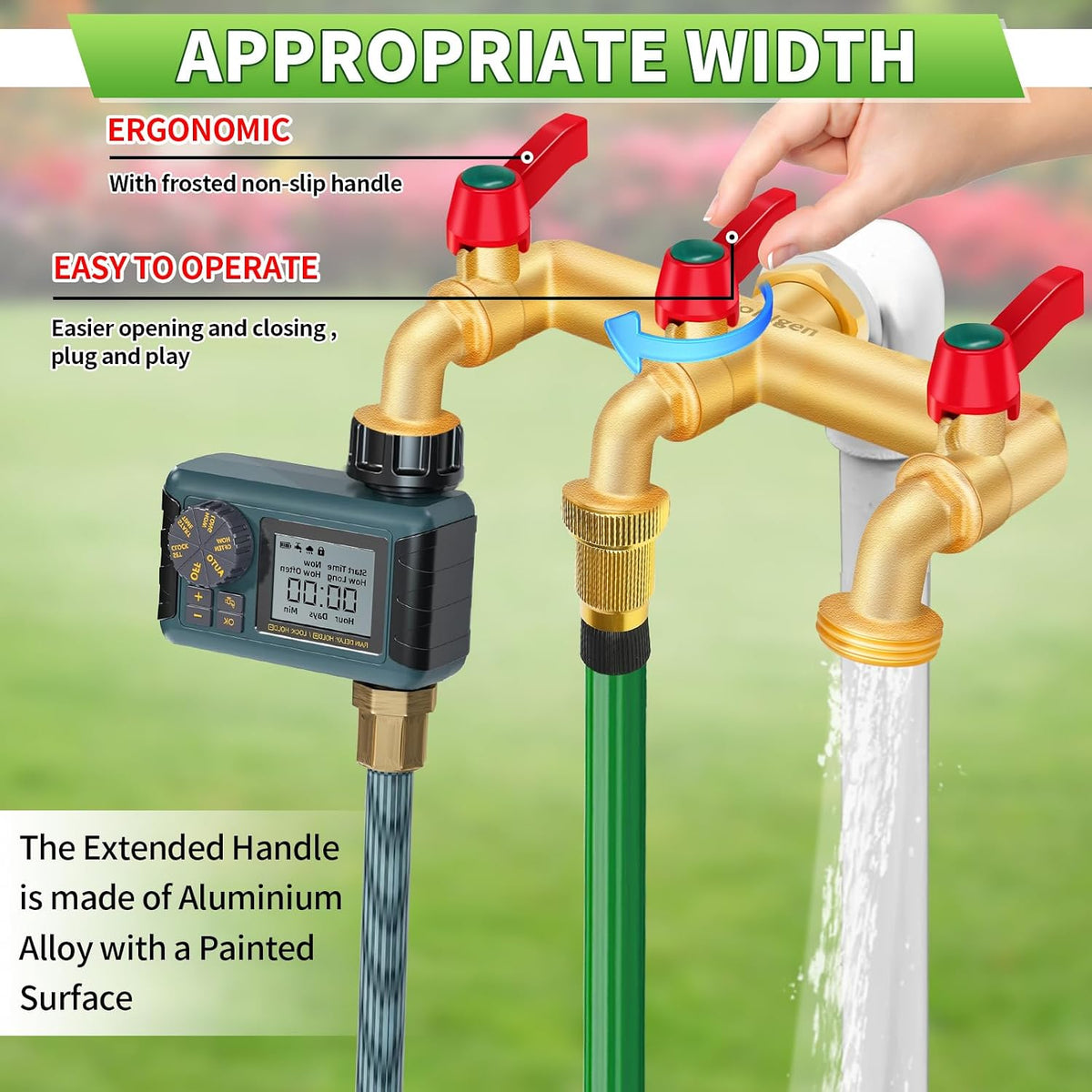 3 Way Water Hose Valve Splitter, Brass High Flow Garden Hose Faucet, 3/4 NPT Inlet to 3/4 GHT Outlet Garden Hose Manifold, Three Way Water Outdoor Splitter with Shut Off, Gold