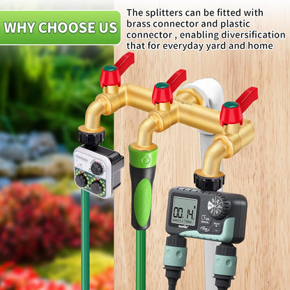 3 Way Water Hose Valve Splitter, Brass High Flow Garden Hose Faucet, 3/4 NPT Inlet to 3/4 GHT Outlet Garden Hose Manifold, Three Way Water Outdoor Splitter with Shut Off, Gold