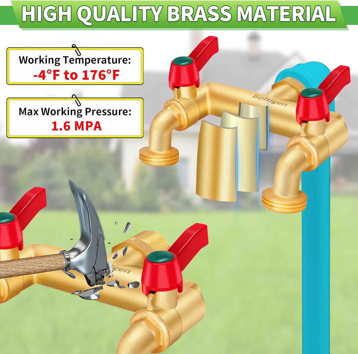 3 Way Water Hose Valve Splitter, Brass High Flow Garden Hose Faucet, 3/4 NPT Inlet to 3/4 GHT Outlet Garden Hose Manifold, Three Way Water Outdoor Splitter with Shut Off, Gold