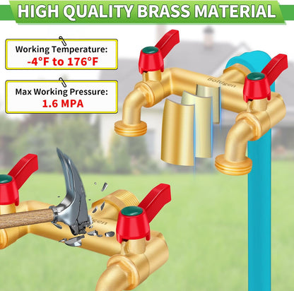 3 Way Water Hose Valve Splitter, Brass High Flow Garden Hose Faucet, 3/4 NPT Inlet to 3/4 GHT Outlet Garden Hose Manifold, Three Way Water Outdoor Splitter with Shut Off, Gold