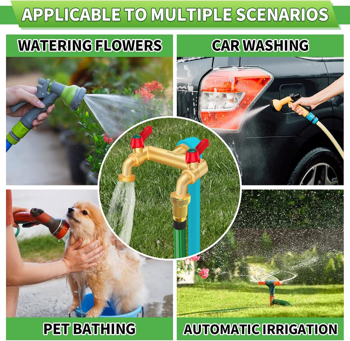 3 Way Water Hose Valve Splitter, Brass High Flow Garden Hose Faucet, 3/4 NPT Inlet to 3/4 GHT Outlet Garden Hose Manifold, Three Way Water Outdoor Splitter with Shut Off, Gold