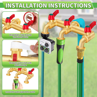 3 Way Water Hose Valve Splitter, Brass High Flow Garden Hose Faucet, 3/4 NPT Inlet to 3/4 GHT Outlet Garden Hose Manifold, Three Way Water Outdoor Splitter with Shut Off, Gold