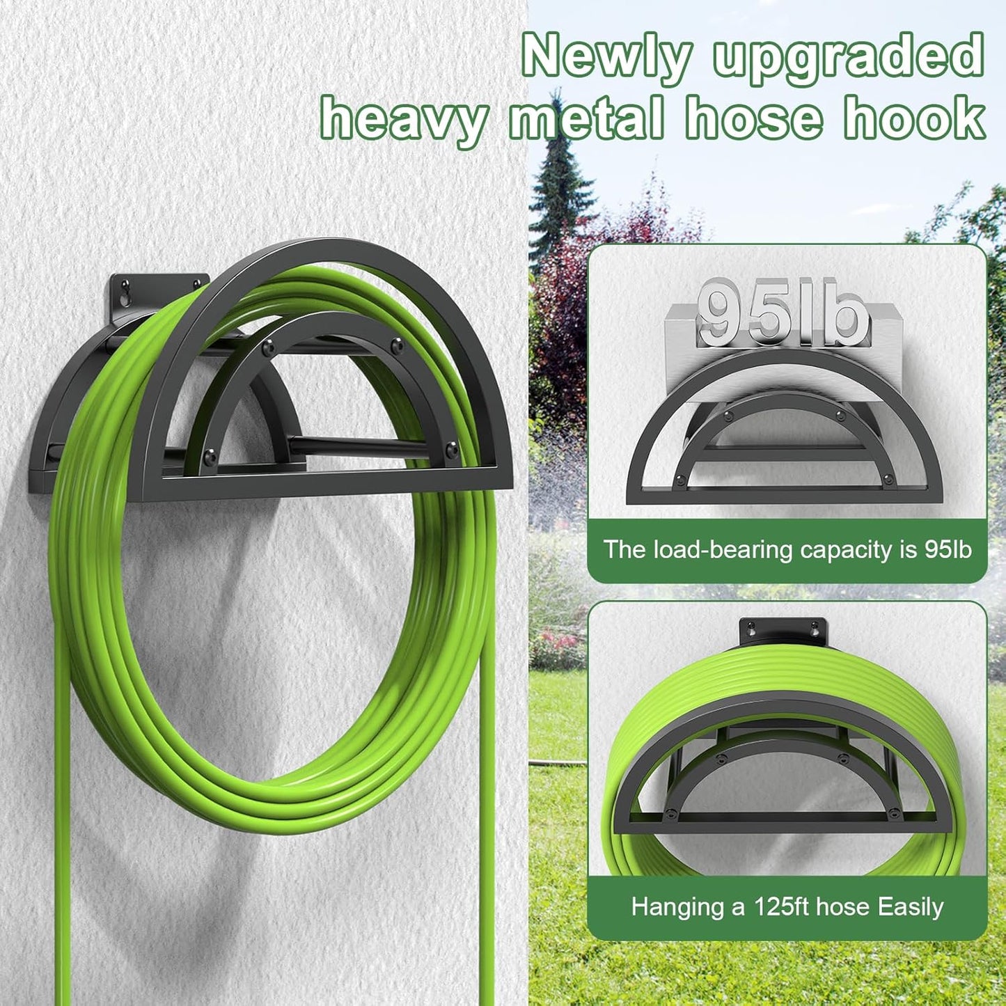 Hose Holder Wall Mount, Outdoor Water Hose Holder Holds 125-ft Hose, Heavy Duty Metal Detachable Hose Hanger Reel Storage Organizer, Hose Rack for Outside Garden Lawn Yard Farm, Black