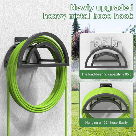 Hose Holder Wall Mount, Outdoor Water Hose Holder Holds 125-ft Hose, Heavy Duty Metal Detachable Hose Hanger Reel Storage Organizer, Hose Rack for Outside Garden Lawn Yard Farm, Black