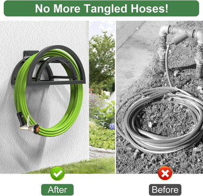 Hose Holder Wall Mount, Outdoor Water Hose Holder Holds 125-ft Hose, Heavy Duty Metal Detachable Hose Hanger Reel Storage Organizer, Hose Rack for Outside Garden Lawn Yard Farm, Black