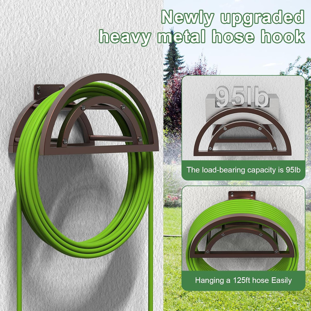 Hose Holder Wall Mount, Outdoor Water Hose Holder Holds 125-ft Hose, Heavy Duty Metal Detachable Hose Hanger Reel Storage Organizer, Hose Rack for Outside Garden Lawn Yard Farm, Black
