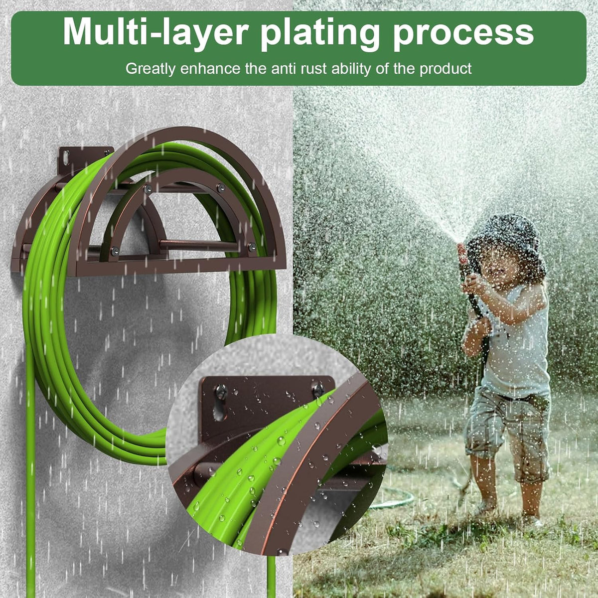 Hose Holder Wall Mount, Outdoor Water Hose Holder Holds 125-ft Hose, Heavy Duty Metal Detachable Hose Hanger Reel Storage Organizer, Hose Rack for Outside Garden Lawn Yard Farm, Black