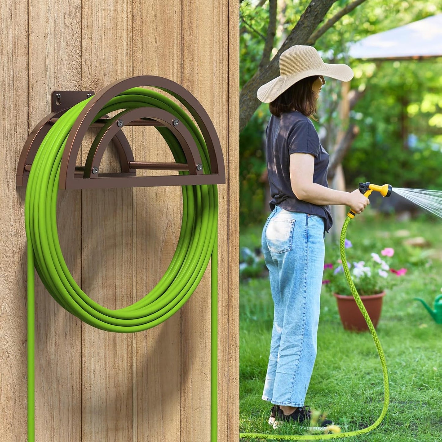 Hose Holder Wall Mount, Outdoor Water Hose Holder Holds 125-ft Hose, Heavy Duty Metal Detachable Hose Hanger Reel Storage Organizer, Hose Rack for Outside Garden Lawn Yard Farm, Black