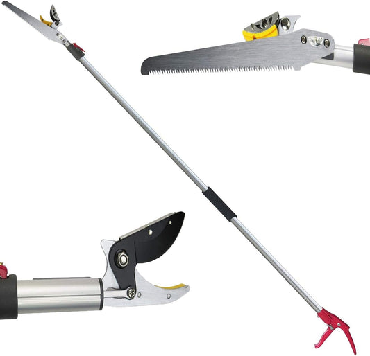 4.4-7.2 Foot Tree Pruner 2 Sections Extendable 4 Nodes Adjustable, Cut and Hold Pruning Trimmer, Long Reach Pole Saw, Telescoping Fruit Picker, Branches Bypass Lopper With Hook