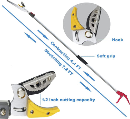 4.4-7.2 Foot Tree Pruner 2 Sections Extendable 4 Nodes Adjustable, Cut and Hold Pruning Trimmer, Long Reach Pole Saw, Telescoping Fruit Picker, Branches Bypass Lopper With Hook