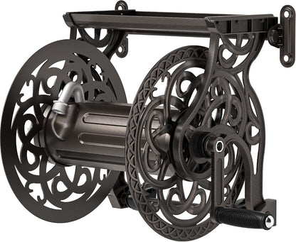 Garden Hose Reel Wall Mount Metal, Holds 125 ft x 5/8" Decorative Water Hose Holder for Outside Storage, Heavy Duty Aluminum Frame w/Shelf, No-Leak Aluminum Water System, Easy Assmbly, Dark Bronze