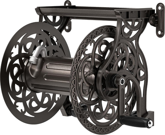 Garden Hose Reel Wall Mount Metal, Holds 125 ft x 5/8" Decorative Water Hose Holder for Outside Storage, Heavy Duty Aluminum Frame w/Shelf, No-Leak Aluminum Water System, Easy Assmbly, Dark Bronze