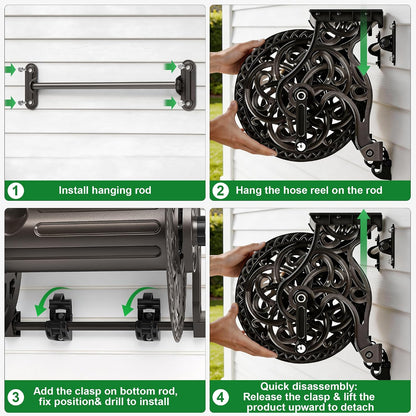 Garden Hose Reel Wall Mount Metal, Holds 125 ft x 5/8" Decorative Water Hose Holder for Outside Storage, Heavy Duty Aluminum Frame w/Shelf, No-Leak Aluminum Water System, Easy Assmbly, Dark Bronze