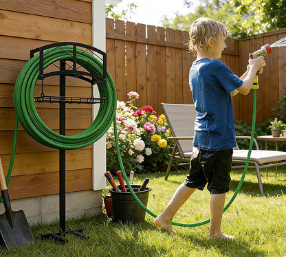 Portable Garden Hose Holder with Storage Basket - Heavy-Duty Black Steel Construction, Holds 150FT Hose, Freestanding & Detachable Design with Tools for Easy Assembly