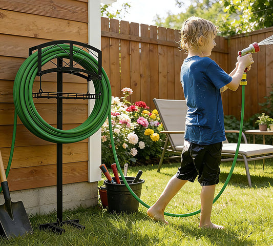 Portable Garden Hose Holder with Storage Basket - Heavy-Duty Black Steel Construction, Holds 150FT Hose, Freestanding & Detachable Design with Tools for Easy Assembly
