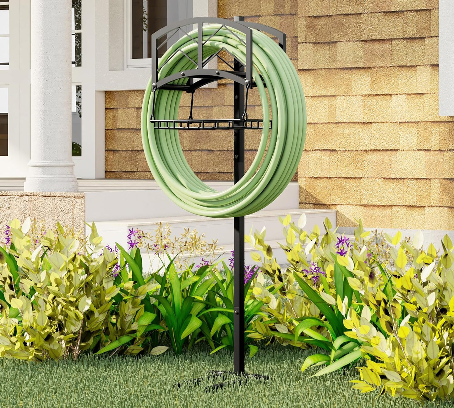 Portable Garden Hose Holder with Storage Basket - Heavy-Duty Black Steel Construction, Holds 150FT Hose, Freestanding & Detachable Design with Tools for Easy Assembly