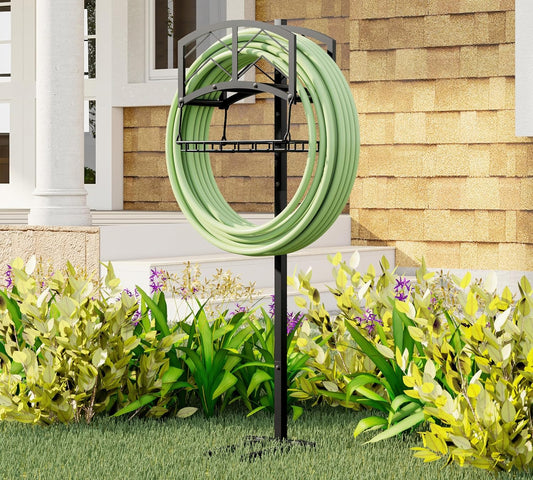 Portable Garden Hose Holder with Storage Basket - Heavy-Duty Black Steel Construction, Holds 150FT Hose, Freestanding & Detachable Design with Tools for Easy Assembly