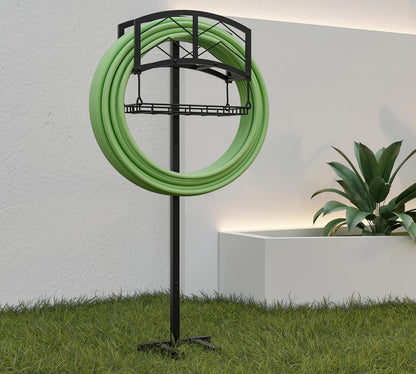 Portable Garden Hose Holder with Storage Basket - Heavy-Duty Black Steel Construction, Holds 150FT Hose, Freestanding & Detachable Design with Tools for Easy Assembly