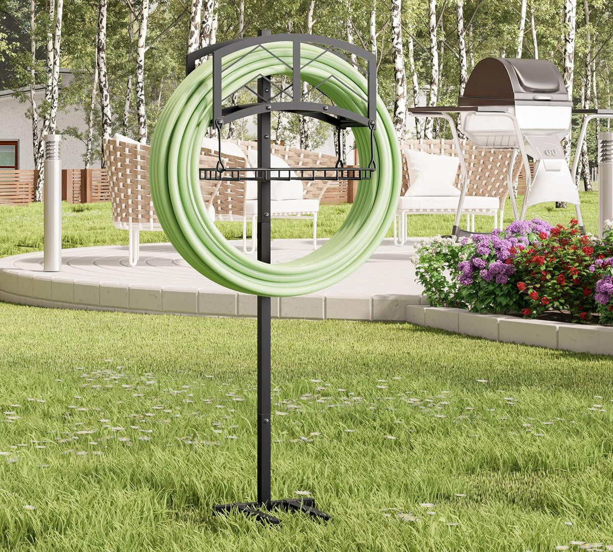 Portable Garden Hose Holder with Storage Basket - Heavy-Duty Black Steel Construction, Holds 150FT Hose, Freestanding & Detachable Design with Tools for Easy Assembly