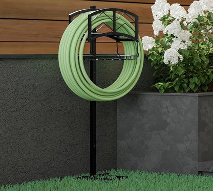 Portable Garden Hose Holder with Storage Basket - Heavy-Duty Black Steel Construction, Holds 150FT Hose, Freestanding & Detachable Design with Tools for Easy Assembly