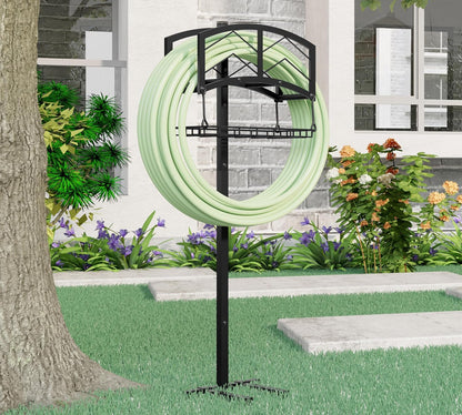Portable Garden Hose Holder with Storage Basket - Heavy-Duty Black Steel Construction, Holds 150FT Hose, Freestanding & Detachable Design with Tools for Easy Assembly