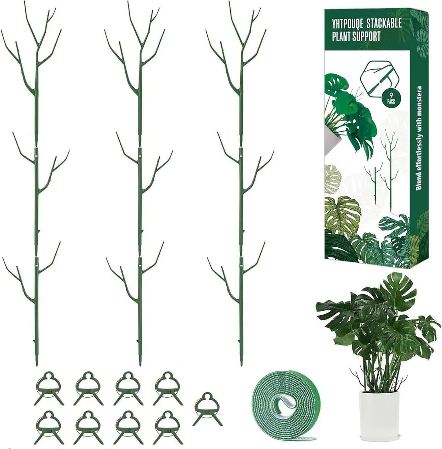 4 Pack Plant Support Stakes, Plant Stakes for Indoor and Outdoor Plants. 28inch Plant Sticks with Extension Poles, Plant Clips, Plant Ties for Potted Monstera Plants, Climbing Plants