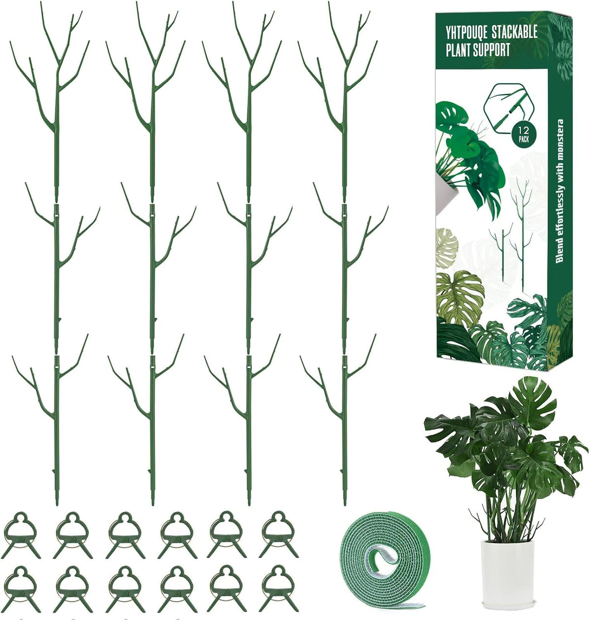 4 Pack Plant Support Stakes, Plant Stakes for Indoor and Outdoor Plants. 28inch Plant Sticks with Extension Poles, Plant Clips, Plant Ties for Potted Monstera Plants, Climbing Plants